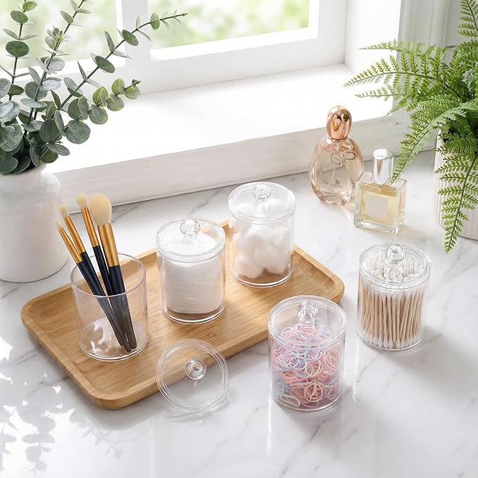 novelinks Acrylic Plastic Qtip Holder Dispenser, Apothecary Jar Canister Set with Lids for Cotton Swabs, Balls, Round Pads & Floss Picks - Bathroom Vanity Makeup Storage Container (Clear, 6 Pack)