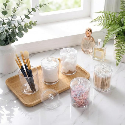 novelinks Acrylic Plastic Qtip Holder Dispenser, Apothecary Jar Canister Set with Lids for Cotton Swabs, Balls, Round Pads & Floss Picks - Bathroom Vanity Makeup Storage Container (Clear, 6 Pack)