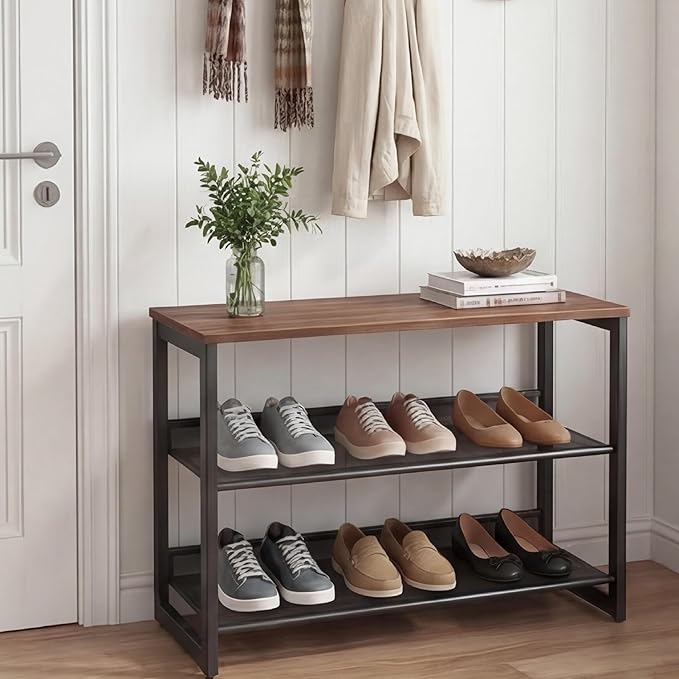 Garden 4 you Shoe Rack for Entryway 3 Tiers 11.8" D x 25" W x 20" H, Metal Shoe Rocks with Brown Wooden Tabletop, Angled Shoes Rack with Adjustable Mesh Shelves for Entryway Hallway Closet