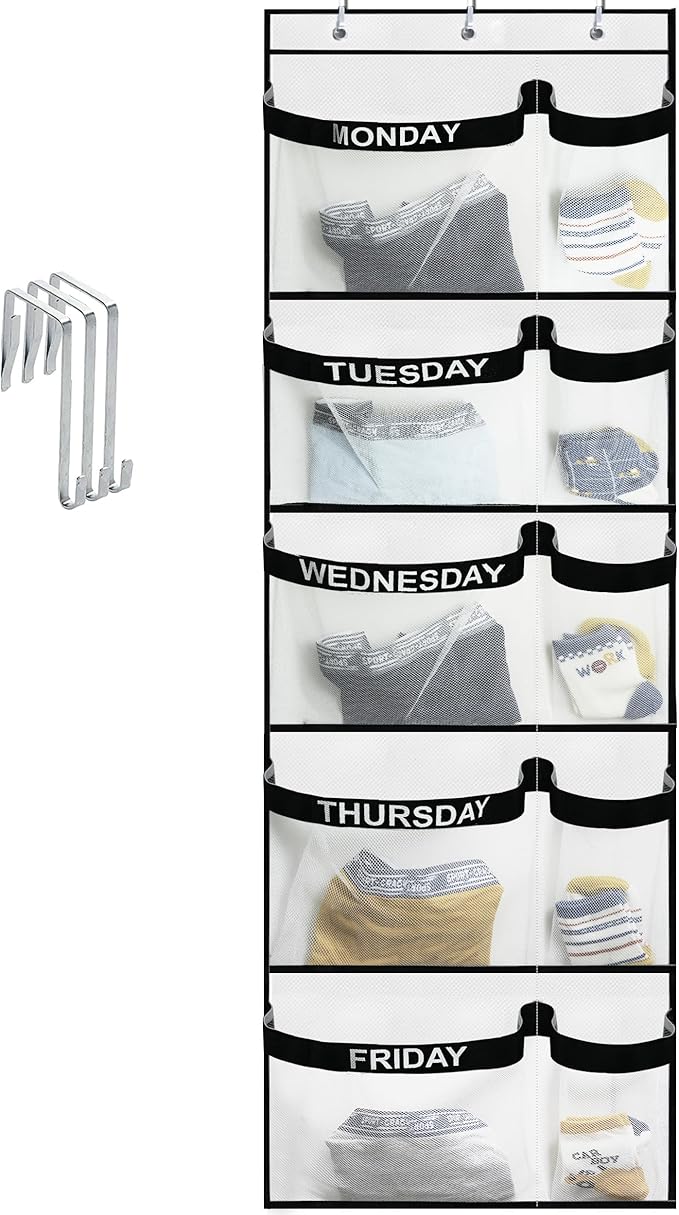 Weekly Kids Clothes Organizer Day of Week School, Over the Door Clothing Storage Organizer from Monday to Friday, Hanging Closet Organizer wtih 3 Metal hooks or Nursery, Bedroom