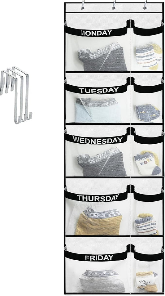 Weekly Kids Clothes Organizer Day of Week School, Over the Door Clothing Storage Organizer from Monday to Friday, Hanging Closet Organizer wtih 3 Metal hooks or Nursery, Bedroom