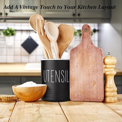 Kitchen Utensil Holder, 6.7" Utensil Holder for Kitchen Counter, Cooking Utensil Crock with Cork Bottom, Modern Farmhouse Decor, Countertop Utensil Storage Organizer Caddy, Black