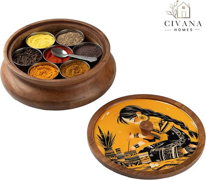 Wooden Spice box for kitchen with spoon, Mango wood box with 7 Steel containers | Masala box for kitchen | Masala Dani | Best Gift (Yellow Masala Box)