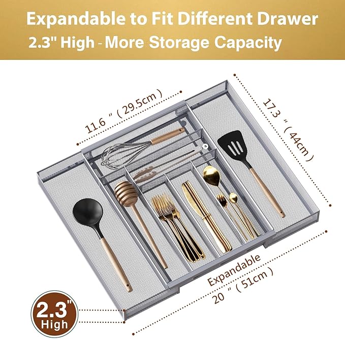 Sedegn Silverware Organizer Metal Mesh, Large Drawer Organizer, Utensil Cutlery Tray for kitchen drawers, Expandable Flatware Organizer with 8 Compartment Silver 11.6"~20" x 17.3"