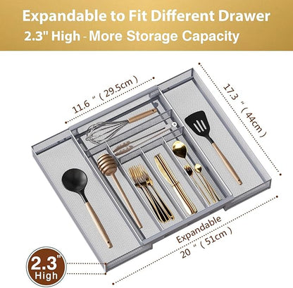 Sedegn Silverware Organizer Metal Mesh, Large Drawer Organizer, Utensil Cutlery Tray for kitchen drawers, Expandable Flatware Organizer with 8 Compartment Silver 11.6"~20" x 17.3"