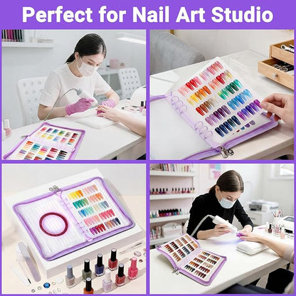 Segbeauty Nail Swatches Polish Display with Zipper, Nail Color Display Book Sample, Nails Polish Organizer A5 Binder with 240 False Tips, Gel Fake Press On Nails Art Salon Supplies Holder Purple