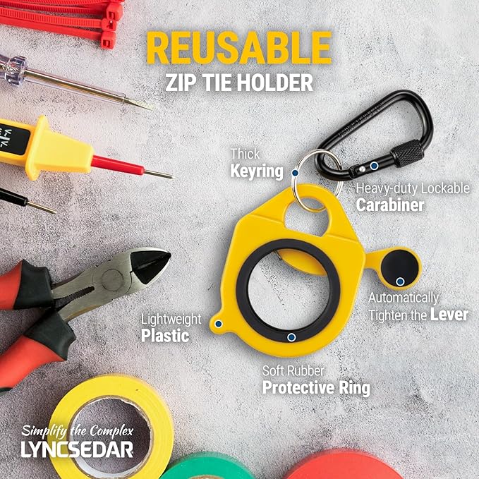 Zip Tie Holder, 2 Pack Yellow Cable Tie Holder Reusable, No.6 Lock Carabiner, Outdoor Use, ABS Plastic, Ziptie Organizer Clip for Electrician Tool Belt Wrap Heavy Duty Storage Container