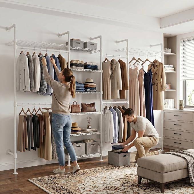 F4 Wall Mounted Closet System, Industrial Pipe Clothing Rack for Hanging Clothes, Heavy Duty Closet Organizer System, Clothes Racks with Shelves & Expandable Rod for Wardrobe, Corner, White
