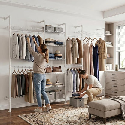 F4 Wall Mounted Closet System, Industrial Pipe Clothing Rack for Hanging Clothes, Heavy Duty Closet Organizer System, Clothes Racks with Shelves & Expandable Rod for Wardrobe, Corner, White