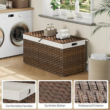 HOOBRO Storage Basket with Lid, 52.8 Gallon (200L) Wicker Basket, Handwoven Blanket Storage Basket with Handles, Metal Frame and Soft Lining, Foldable for Bedroom, Laundry Room, Brown BR220CW01