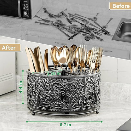 YIUKEA 360° Rotating Utensil Caddy - Silverware Cutlery Caddy Holder with 4 Compartment, Metal Flatware Organizer Countertop with Handle for Party Camping Picnic, Kitchen Counter, Office (Black)