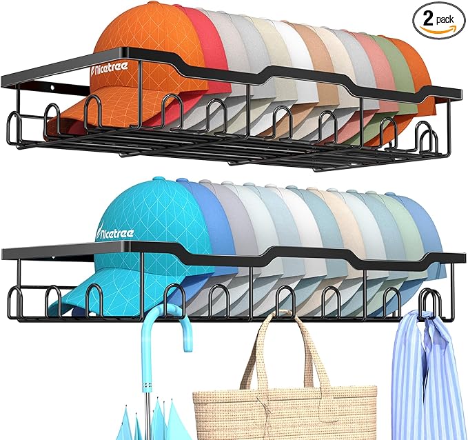 Nicetree Hat Racks for Baseball Caps Wall - Metal Hat Organizer for 48 Baseball Caps Holder, 2 Pack Hat Storage Organizer for Closet, Bedroom, Living Room Black