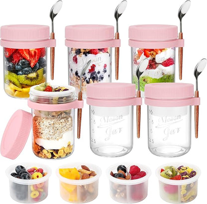 OcePor 6 Pack Overnight Oats Containers with Lids and Spoons, 16 oz Glass Mason Overnight Oats Jars with Removable Separate Compartments, Large Capacity Airtight Jars for Milk, Cereal, Fruit (Pink)