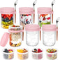 OcePor 6 Pack Overnight Oats Containers with Lids and Spoons, 16 oz Glass Mason Overnight Oats Jars with Removable Separate Compartments, Large Capacity Airtight Jars for Milk, Cereal, Fruit (Pink)