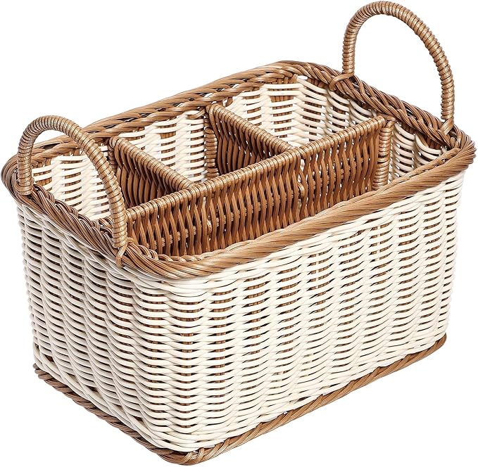 Hemoton Cutlery Storage Organizer Basket, Hand Woven Utensil Holder, Silverware, Tote Bin Basket for Kitchen Table, Cabinet, Holds Forks, Knives, Spoons, Napkins, Pens, Indoor or Outdoor Use