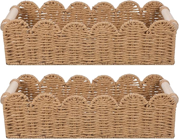 2pcs Scalloped Decor Basket,Toilet Paper Storage Basket with Handles,Toilet Basket for Organizing Over Toilet Storage Shelf Countertop Living Room Bedroom Home Decor（14"×6.3"×4"）