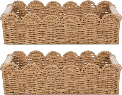 2pcs Scalloped Decor Basket,Toilet Paper Storage Basket with Handles,Toilet Basket for Organizing Over Toilet Storage Shelf Countertop Living Room Bedroom Home Decor（14"×6.3"×4"）