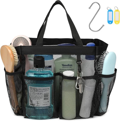 F-color Mesh Shower Caddy Portable with 2 Pack Name Tags, Upgrade Deeper 7 Pockets Shower Bag Tote for College Dorm Room Toiletry Bathroom Essentials Gym Camp Quick Dry 2 handles with S Hook, Black