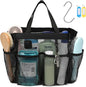 F-color Mesh Shower Caddy Portable with 2 Pack Name Tags, Upgrade Deeper 7 Pockets Shower Bag Tote for College Dorm Room Toiletry Bathroom Essentials Gym Camp Quick Dry 2 handles with S Hook, Black