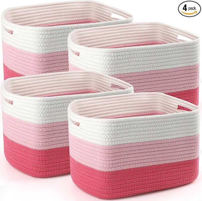 4 Pack Storage Baskets for Organizing, 12''Lx9''Wx8''H Woven Baskets for Storage Toys, Towels, Books, and Clothes, Cotton Rope Basket for Shelves with Handle White & Brown