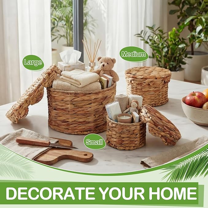 Newtay Set of 3 Scalloped Wicker Storage Baskets with Lid Round Rattan Woven Basket 11'' 8.7'' 6.3'' Natural Water Hyacinth Decorative Boxes for Organizing Nursery Home Closet Shelf Decors, 3 Sizes