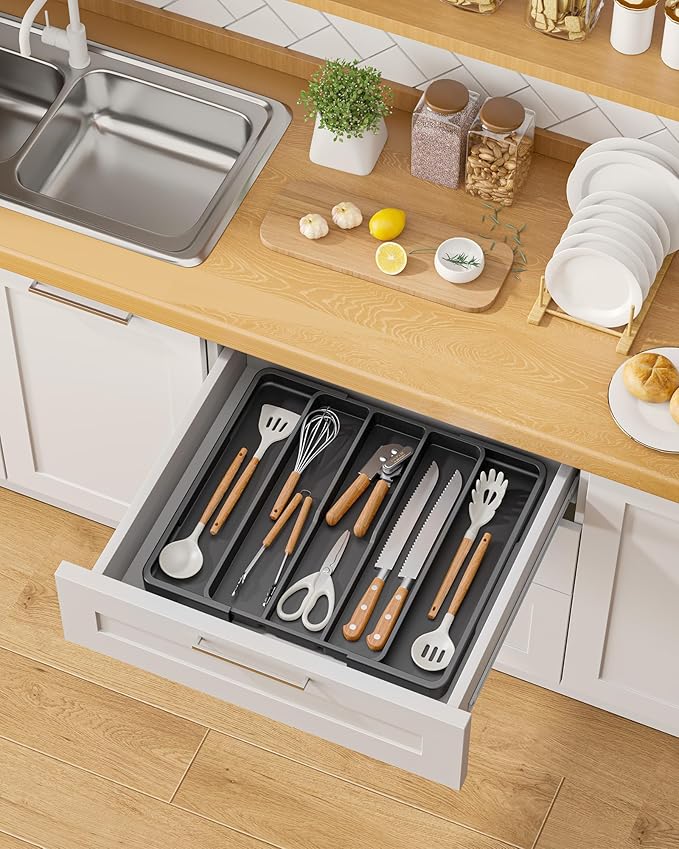 Aujen Silverware Organizer - Expandable Kitchen Drawer Organizer, Adjustable Utensil Organizer, Cutlery Tray for Forks, Knives, Multipurpose Kitchen Organizers and Storage Solution, Black, X-Large