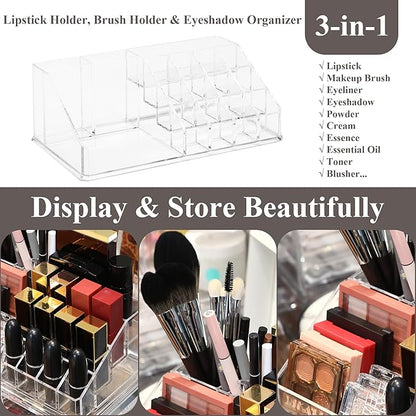 Sea Team 16-Slot Acrylic Plastic Lipstick Organizer, Clear Lipstick Holder, Makeup Storage Box, Cosmetic Display Case for Lippie, Lip Gloss, Eye Liner, Eyebrow Pencil, Nail Polish, Essence, Brush