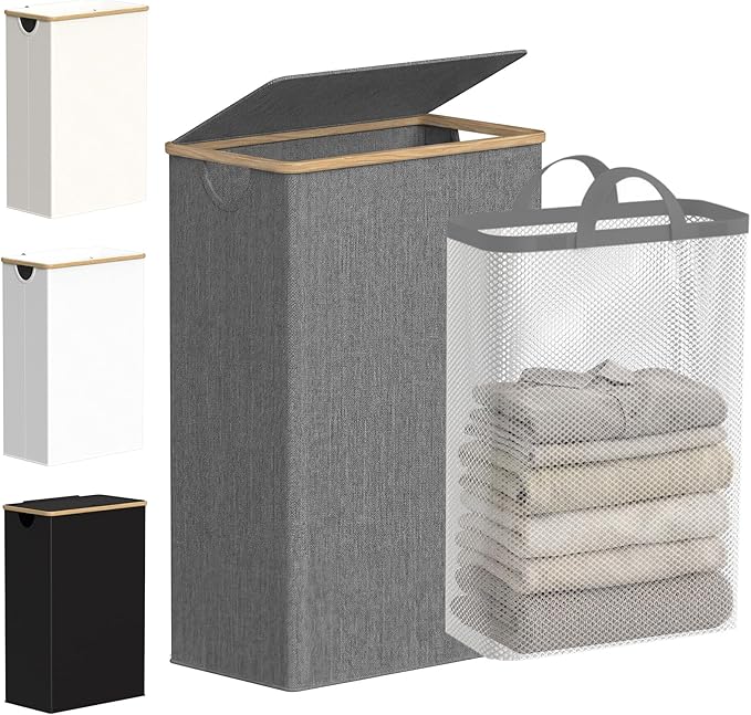 efluky Slim Laundry Basket with Lid, Narrow Laundry Hamper with Removable Bag, Skinny Dirty Clothes Basket with Bamboo Handles for Bathroom, Bedroom & Laundry Room, 75L Grey