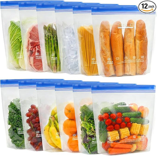 SPLF 12 Pack Reusable 2 Gallon Freezer Bags Dishwasher Safe, Extra Large Reusable Freezer Bags 2 Gallon, Leakproof BPA Free Food Storage Bags for Marinate Meat, Veggies, Homemade Bread, Travel Item