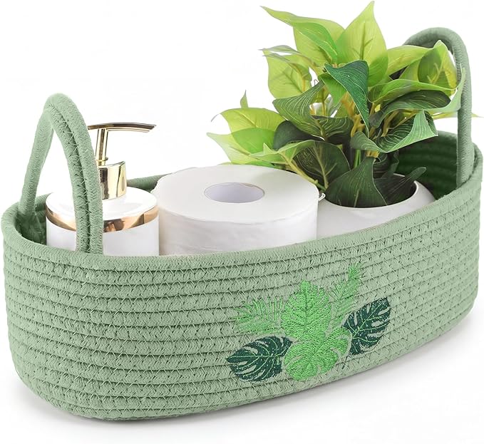 Vesici Palm Leaves Toilet Paper Basket Boho Woven Cotton Rope Bathroom Countertop Organizer with Handle Green Summer Tropical Monstera Bathroom Storage Decor for Bedroom Nursery, 13 x 6 x 4 Inch