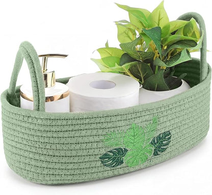 Vesici Palm Leaves Toilet Paper Basket Boho Woven Cotton Rope Bathroom Countertop Organizer with Handle Green Summer Tropical Monstera Bathroom Storage Decor for Bedroom Nursery, 13 x 6 x 4 Inch
