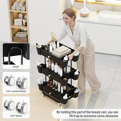 3 Tier Drawer Beauty Cart with 12 Movable Storage Organizer, Thickened ABS & 360° Wheels for Salon Station for Hair Stylist, Beauty Salon, Spa Massage Parlor, Makeup Organizer and More - Black