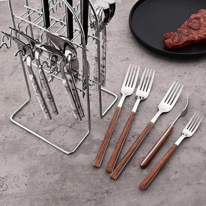 24piece Silverware Set with Hanging Holder, Stainless Steel Tableware Set With Cutlery Storage Rack, Decent Gift Box For Housewarming, Party, Dining - Brown Silver, set of 6