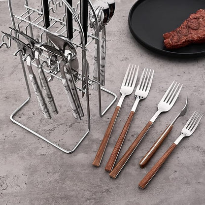24piece Silverware Set with Hanging Holder, Stainless Steel Tableware Set With Cutlery Storage Rack, Decent Gift Box For Housewarming, Party, Dining - Brown Silver, set of 6