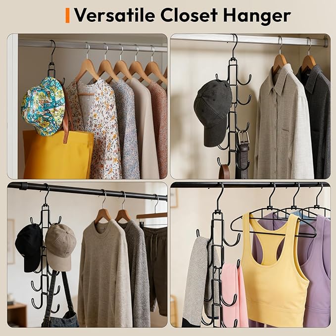 Hat Hangers for Closet, Hat Organizer for Baseball Caps, Stainless Steel Hat Rack with 10 Hooks for Caps Storage and Closet Organization (Black)