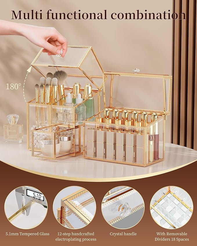 CoralHouse Makeup Brush Organizer – Vanity Organizer with 18-Slot Lipstick Organizer & Makeup Brush Holder with Lid – Skincare, Perfume & Cosmetic Storage for Bathroom or Dresser