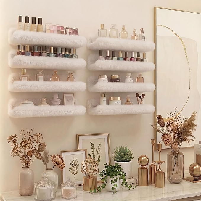 Care&More YJ 15 Inch Nail Polish Shelves, 4-Pack Fluffy Nail Polish Rack for Storing Nail Bottles, Sunglasses, Essential Oils, Plush Soft White