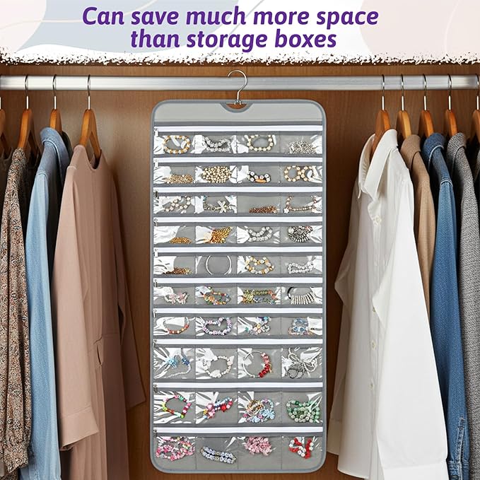 2 Pack Hanging Jewelry Organizer with 80 Zippered Pockets, Dual-Sided Dustproof Foldable for Travel, Accessories Organizer for Holding Jewelries, Earring Organizers and Storage