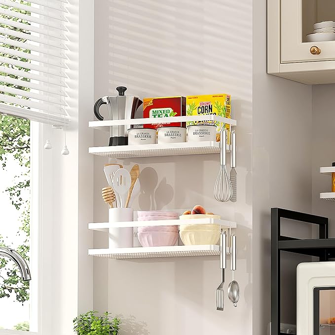 PUSDON 2-Pack Minimalist Shower Caddy Wall Mount, Open Frame Bathroom Shelf Organizer with Mesh Base, Rustproof Floating Spice Rack for Kitchen, Holds 50 LBS, 4 Hooks - White, Guardrail