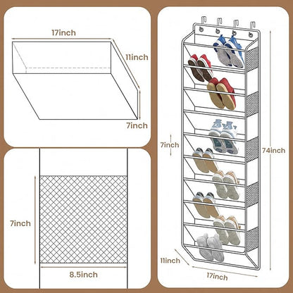 10-Tier Over The Door Organizer with 4 Anti-Scratch Silicone Hooks & 10 Side Pockets, Hanging Shoe Organizer for Closet (20 Pairs), Behind the Door Storage