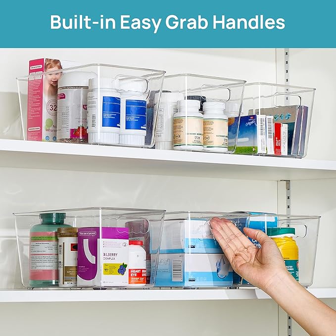 Vtopmart 6 Pack Clear Storage Bins, Pantry Cabinet Organizer Bins with Handle for Pantry Organizer and Storage, Plastic Bins for Fridge, Cabinet, Kitchen, Countertops, Cupboard, Freezer, Medium