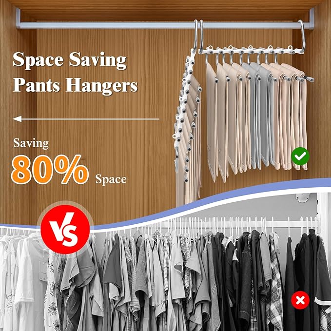 SANLIKE 2 Pack 9 Layers Pants Hangers Space-Saving Stainless Steel Closet Hangers 20pcs Fixed Clips Non-Slip Multi-Functional Pants Rack Two Hanging Modes for Trousers Jeans Leggings Scarf Skirts