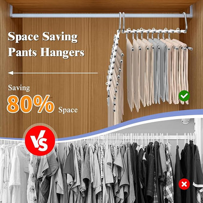 SANLIKE 2 Pack 9 Layers Pants Hangers Space-Saving Stainless Steel Closet Hangers 20pcs Fixed Clips Non-Slip Multi-Functional Pants Rack Two Hanging Modes for Trousers Jeans Leggings Scarf Skirts
