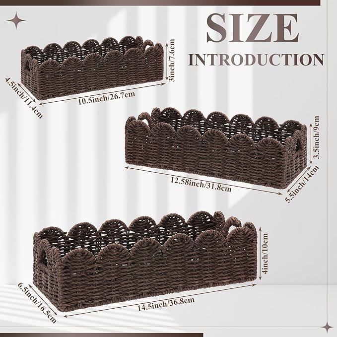 Boao 3 Pcs Boho Storage Wicker Baskets Handmade Woven Decorative Paper Rope Baskets for Organizing with Handle Countertop Toilet Paper Storage Container for Toilet Tank Top(Brown,Fan-shaped)