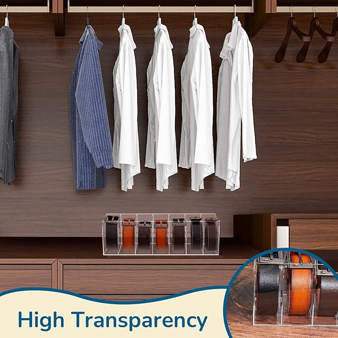 Juexica 2 Pcs Belt Organizer,14 Compartments 15.6in Belt Holder Storage Box,Thick Acrylic Belts Organizer,Clear Display Case for Closet and Bow Tie