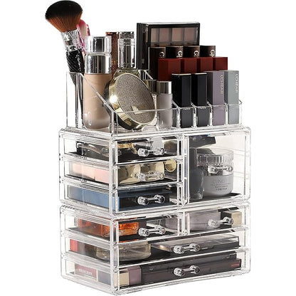 Cq acrylic 3 Pack Clear Makeup Organizer for Vanity,Countertop,Stackable 8 Drawers Cosmetic Storage for Hair Clip,Jewelry,Lipstick,Makeup Brush,Beauty Product Desk and Bathroom Skincare Organizers