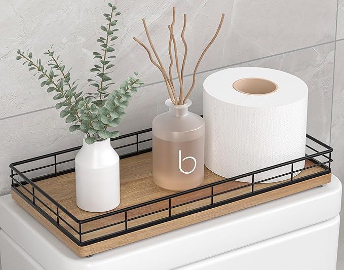 Toilet Paper Basket Organizer – Acacia Wood Toilet Tank Tray with Metal Frame, Bathroom Counter Top Storage for Toilet Paper, Wipes & Decor, Modern Narrow Back of Tank Shelf Organizer, Black & Acacia