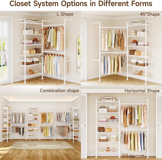 ONBRILL H2 Wall Mounted Clothing Rack, Expandable Industrial Pipe Clothes Rack Garment Racks for Hanging Clothes, Heavy Duty Closet Organizers and Storage in Closet System, White