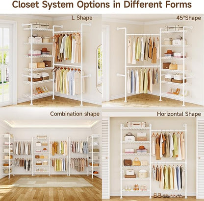 ONBRILL H2 Wall Mounted Clothing Rack, Expandable Industrial Pipe Clothes Rack Garment Racks for Hanging Clothes, Heavy Duty Closet Organizers and Storage in Closet System, White