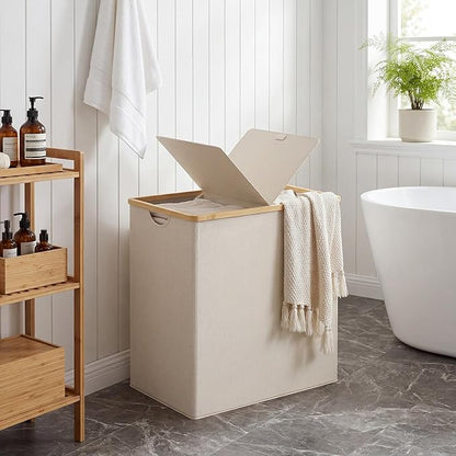 efluky Laundry Hamper with Lid, Double Laundry Basket with 2 Removable Bags, 2 Section Laundry Bin with Bamboo Handles for Bathroom, Bedroom & Laundry Room, 140L (36.9 Gallon) Beige